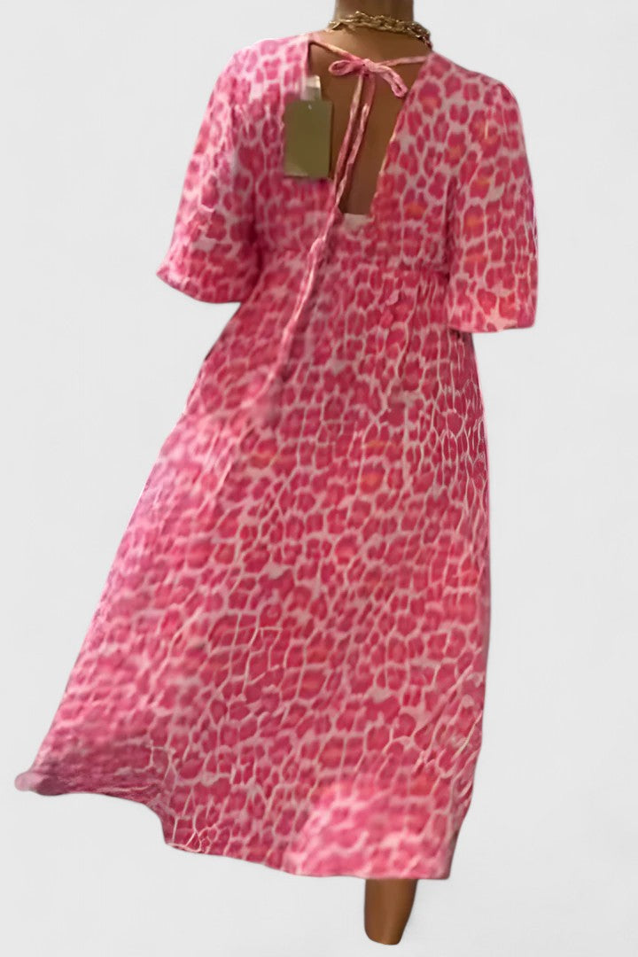 Tropical Stripe Print V Neck Puff Sleeve Empire Waist Maxi Dress