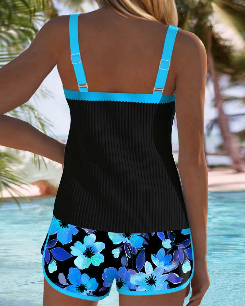 Ribbed Contrast Trim Floral Boyshort Tankini Swimsuit Set