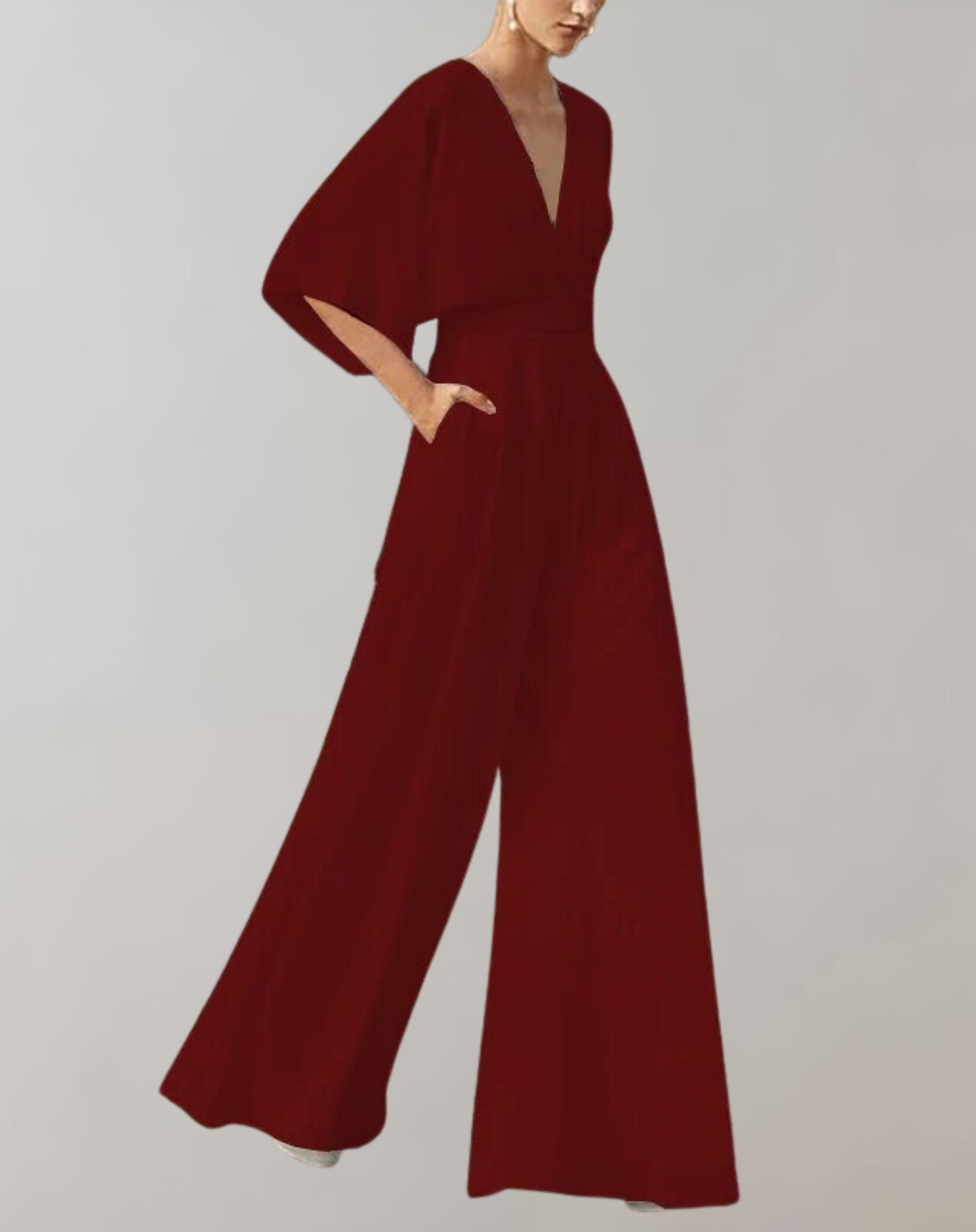 Deep V Neck Kimono Sleeve Belted Wide Leg Formal Jumpsuit