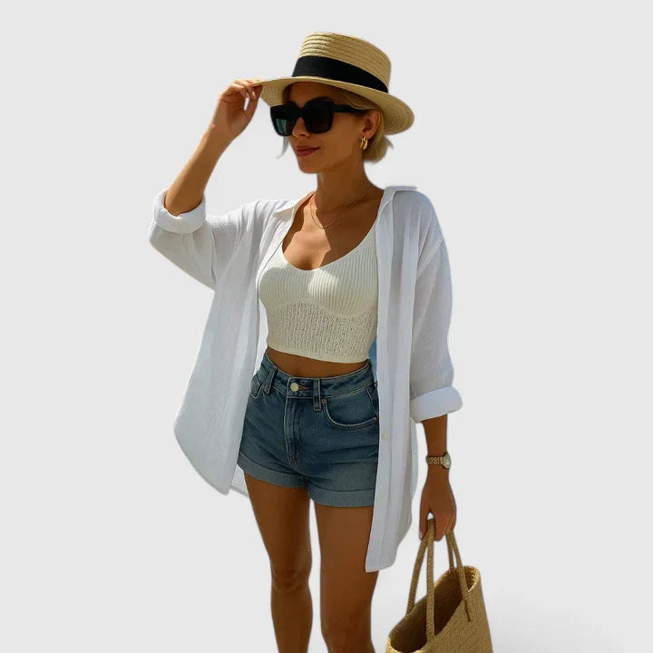 Evil Eye Embroidered Back Oversized Button Down Linen Beach Shirt