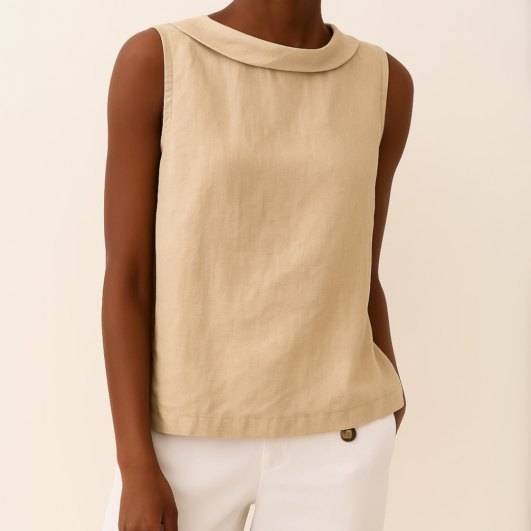 Sleeveless Roll Collar Relaxed Linen Blouse