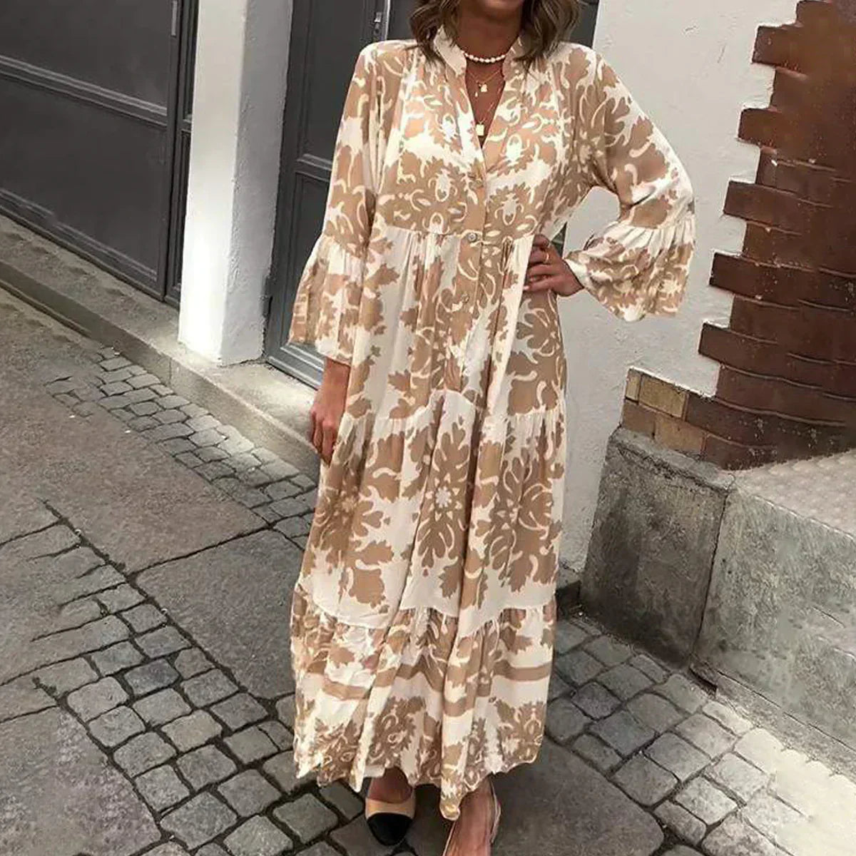 Baroque Floral Print V Neck Lantern Sleeve Tiered Boho Maxi Dress