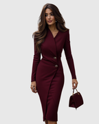 Button Detail Long Sleeve Bodycon Midi Dress - Formal