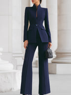 Stand Collar Gem Button Fitted Blazer and Flare Pant Tailored Set
