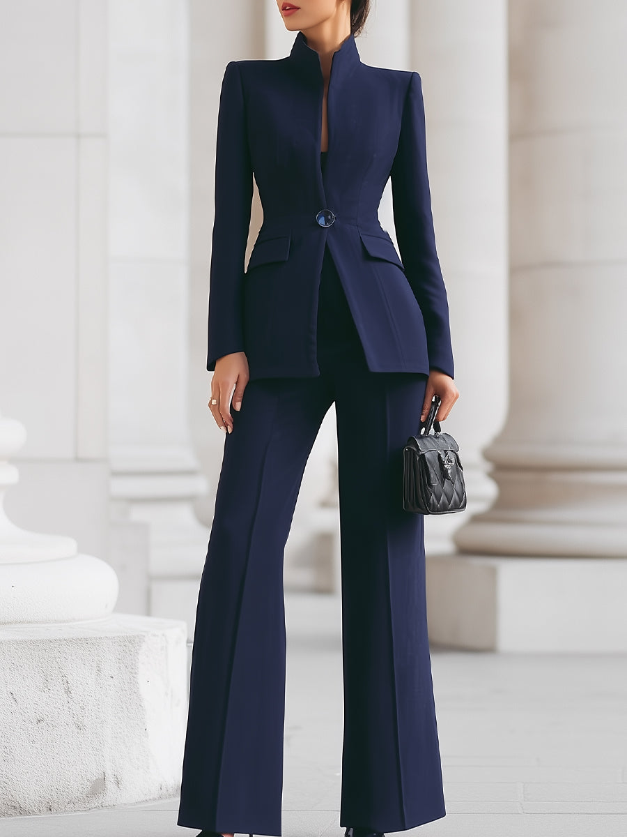 Stand Collar Gem Button Fitted Blazer and Flare Pant Tailored Set