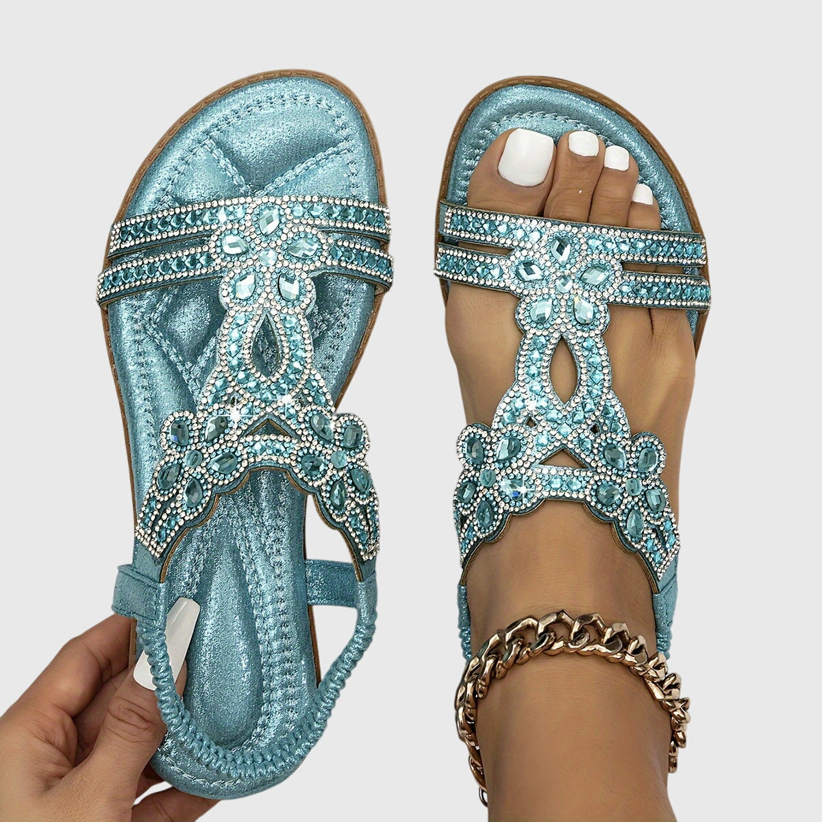 Rhinestone Embellished Cut Out Velcro Flat Sandal