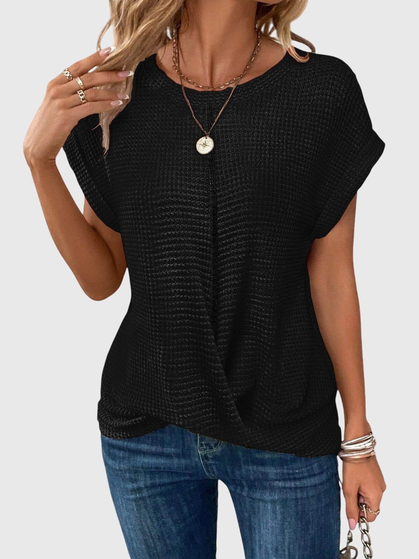 Waffle Knit Crew Neck Rolled Cuff Cap Sleeve Relaxed Top