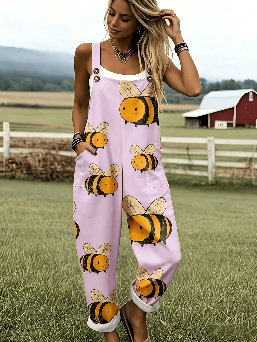 Oversized Bee Print Adjustable Strap Roll Cuff Casual Jumpsuit