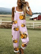 Oversized Bee Print Adjustable Strap Roll Cuff Casual Jumpsuit