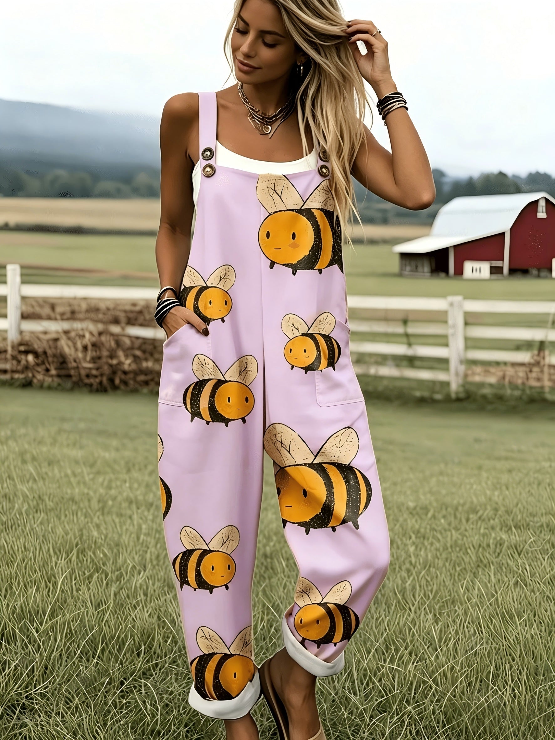 Oversized Bee Print Adjustable Strap Roll Cuff Casual Jumpsuit