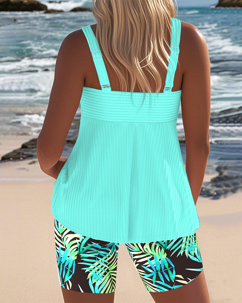 Twist Front Ribbed Tankini Top Tropical Print Short Set