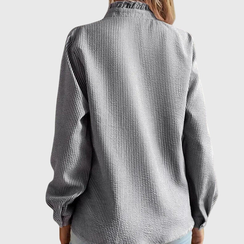 Ruffle Trim Button Down Long Sleeve Textured Blouse