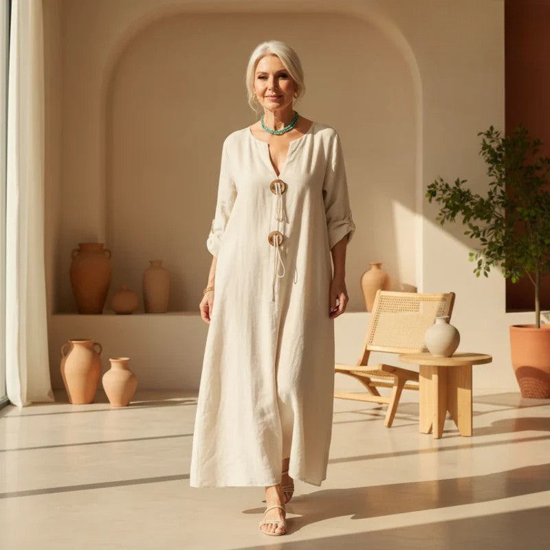 Linen Oversized V Neck Roll Sleeve Casual Maxi Dress
