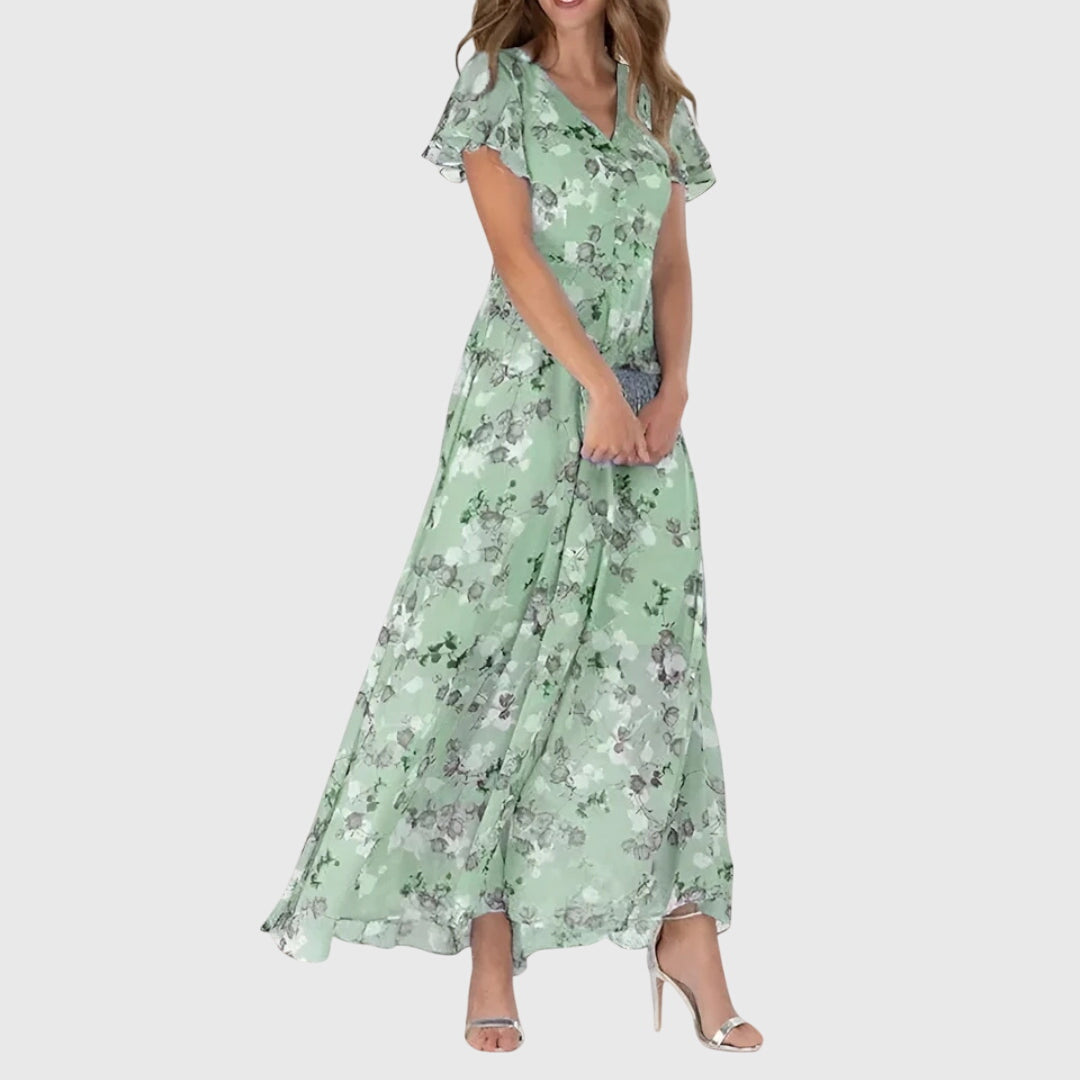 Floral Flutter Sleeve V-Neck Flowy Maxi Dress - Wedding Guest