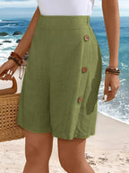 High Waist Side Button Wide Leg Casual Linen Short