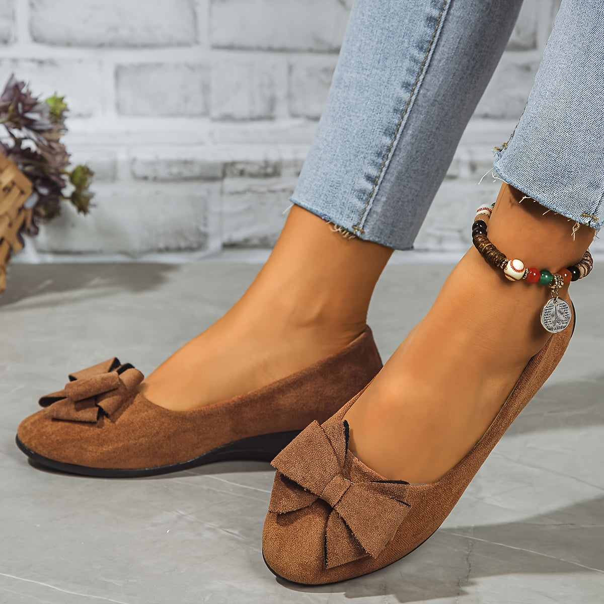 Suede Bow Detail Round Toe Slip On Wedge Ballet Flats