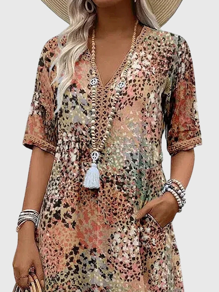 Abstract Print V-Neck Boho Summer Midi Dress