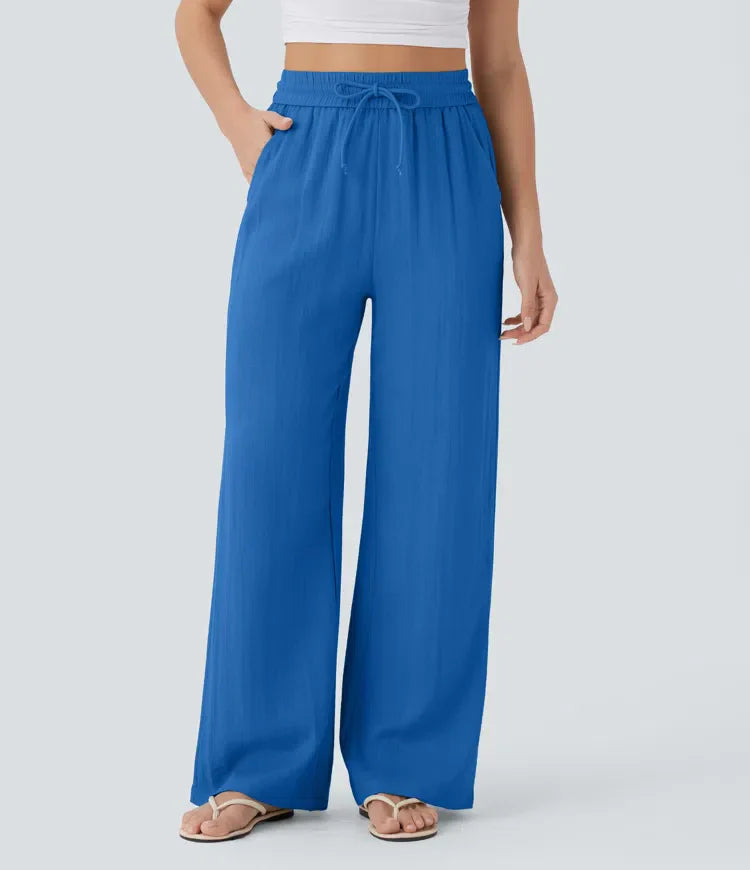 Smocked High Waist Drawstring Wide Leg Linen Pant