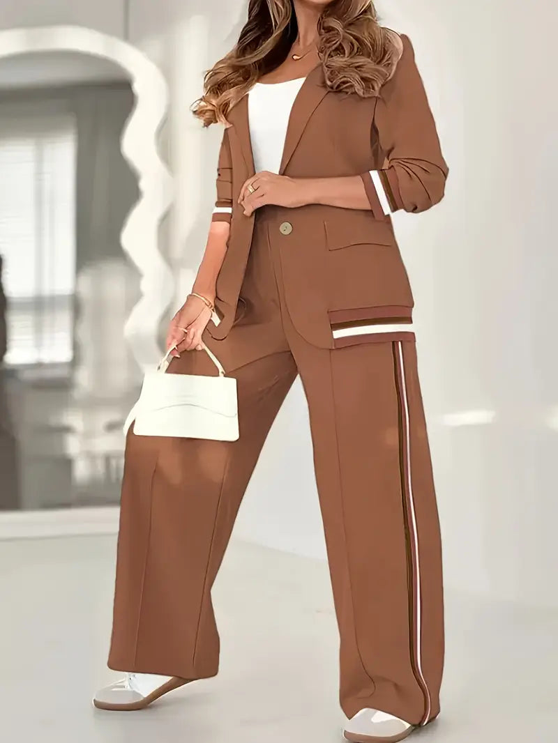 Stripe Trim Single Button Blazer and Wide Leg Pant Set
