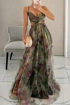 Floral Tulle Strappy Maxi Dress - Formal Evening Gown