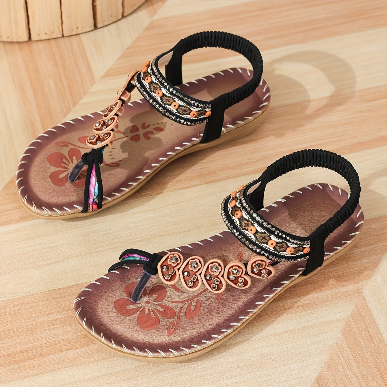 Boho Rhinestone Beaded Toe Ring Flat Sandal