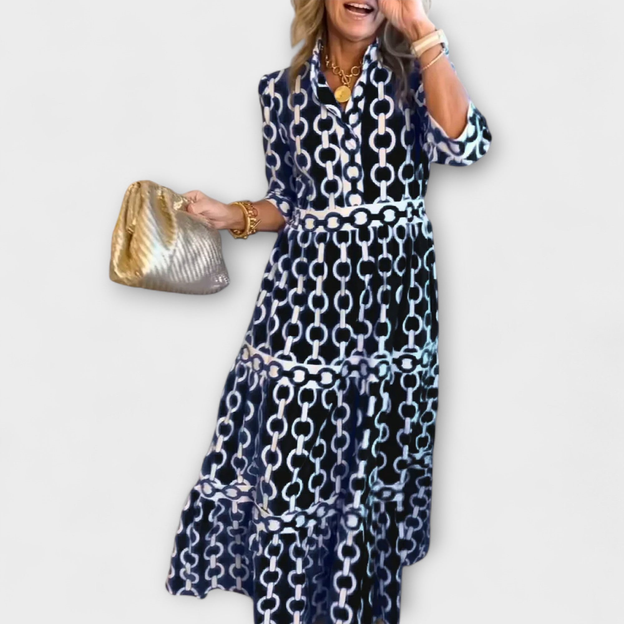Chain Print Tiered Shirt Casual Midi Dress
