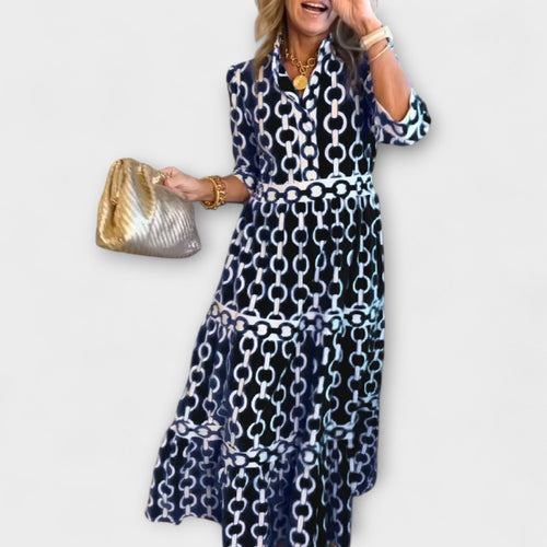 Chain Print Tiered Shirt Casual Midi Dress