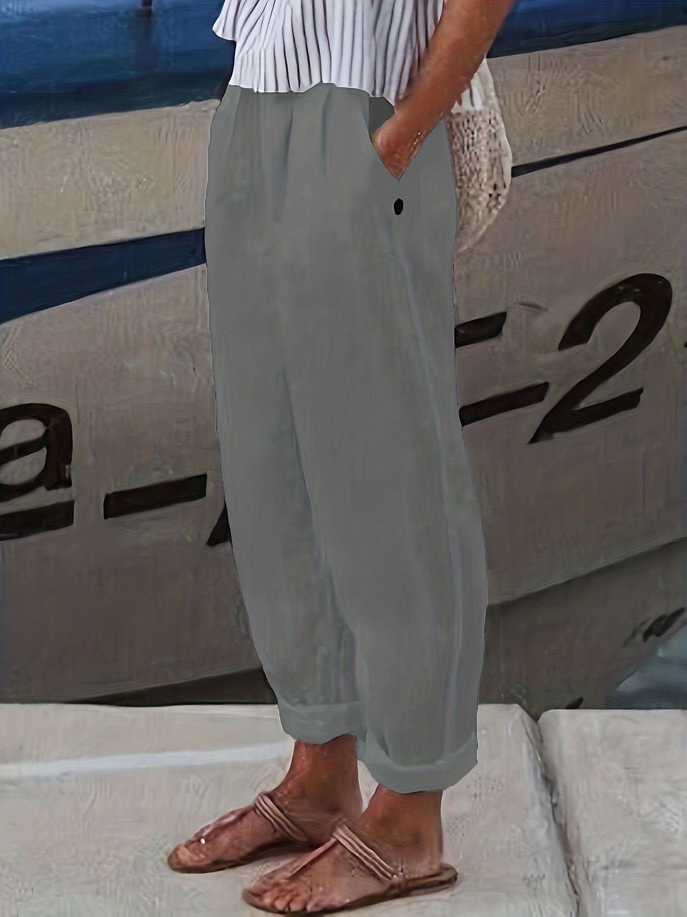 Elasticated High Waist Roll Hem Relaxed Linen Pants