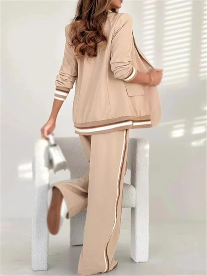 Stripe Trim Single Button Blazer and Wide Leg Pant Set