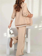 Stripe Trim Single Button Blazer and Wide Leg Pant Set