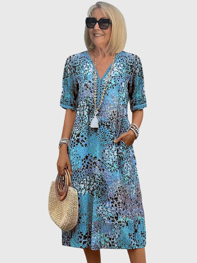 Abstract Print V-Neck Boho Summer Midi Dress