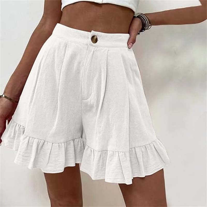High Waist Ruffle Hem Single Button Casual Cotton Short