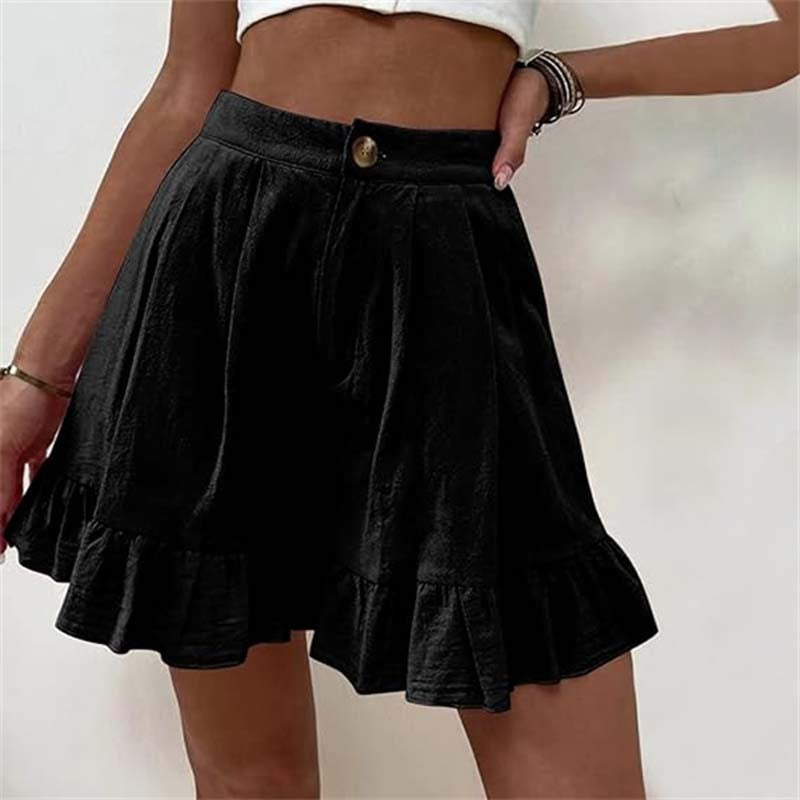 High Waist Ruffle Hem Single Button Casual Cotton Short