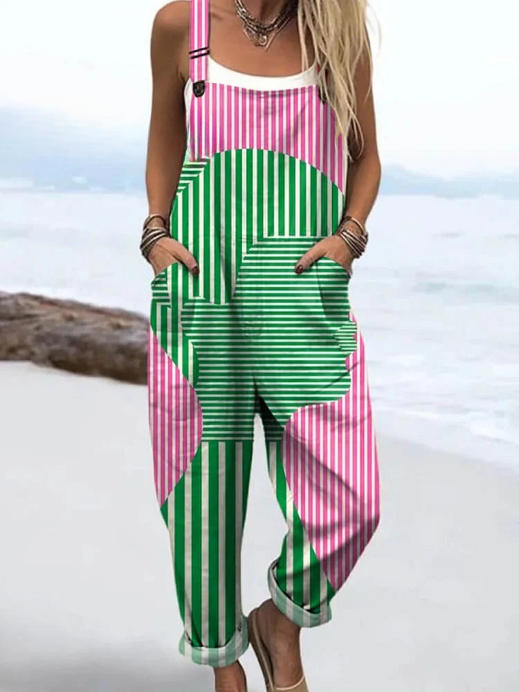 Geometric Stripe Print Sleeveless Bib Pocket Casual Jumpsuit