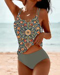 Tapestry Floral Print Double Strap Tankini Swimsuit Set