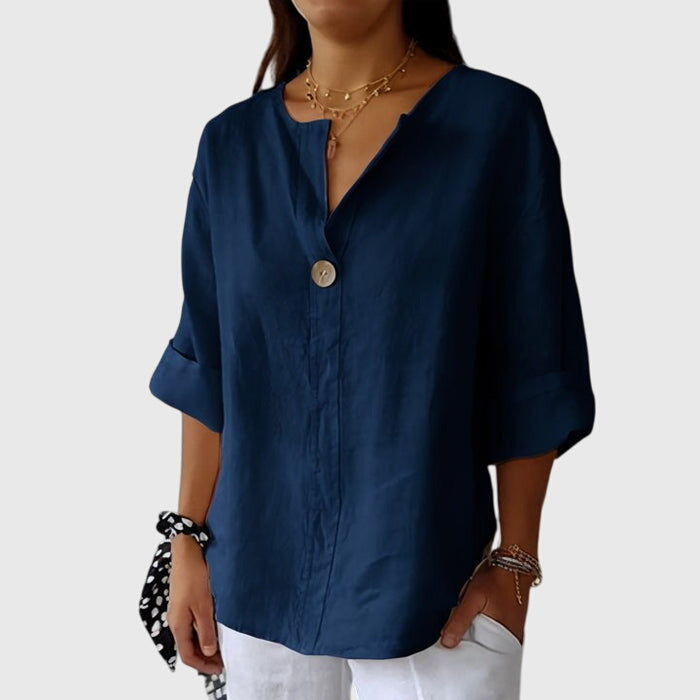 Single Button V Neck Roll Tab Sleeve Relaxed Linen Blouse