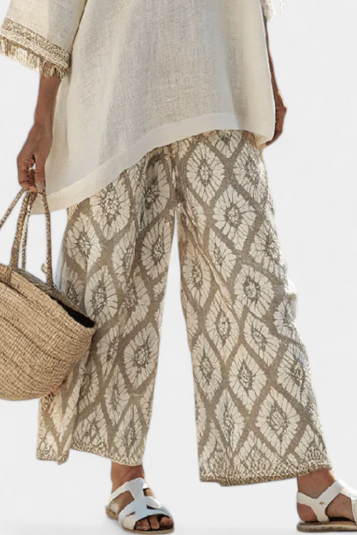 Tassel Trim Linen Top and Geometric Print Wide Leg Pant Set