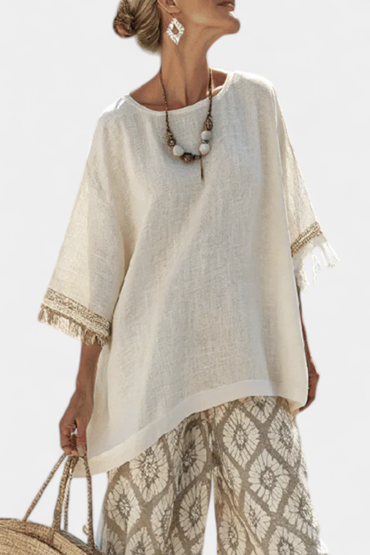 Tassel Trim Linen Top and Geometric Print Wide Leg Pant Set