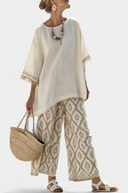 Tassel Trim Linen Top and Geometric Print Wide Leg Pant Set