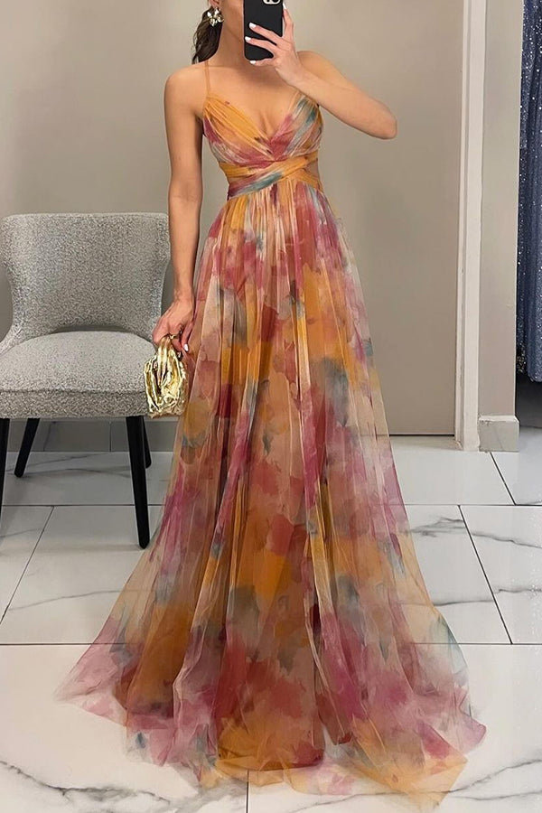 Floral Tulle Strappy Maxi Dress - Formal Evening Gown