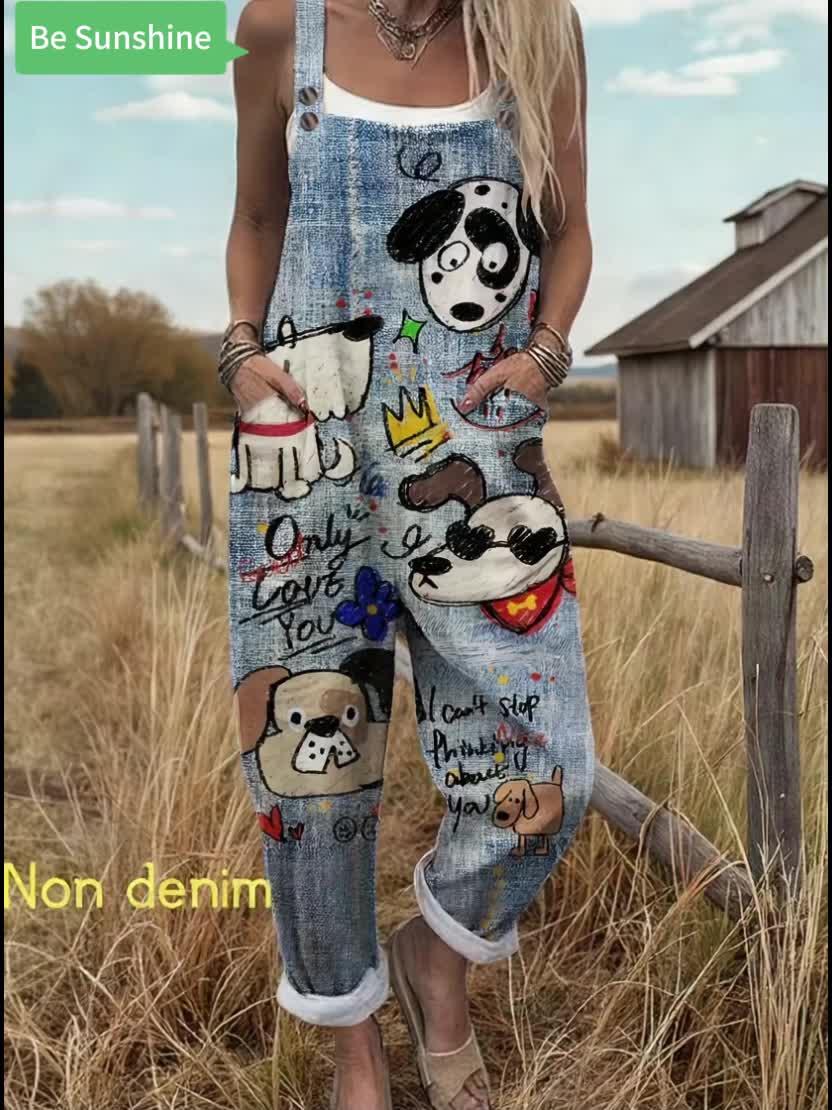Cartoon Dog Graphic Print Adjustable Strap Pocket Casual Jumpsuit