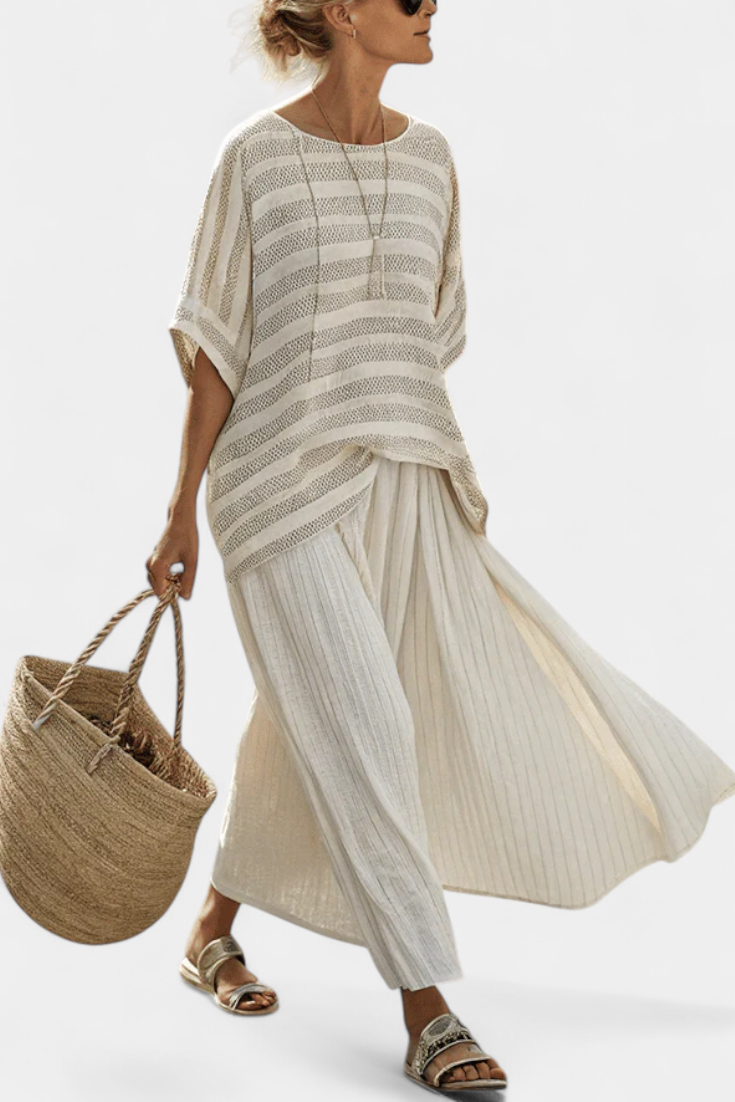 Striped Open Knit Batwing Top and Flowy Linen Maxi Skirt Set