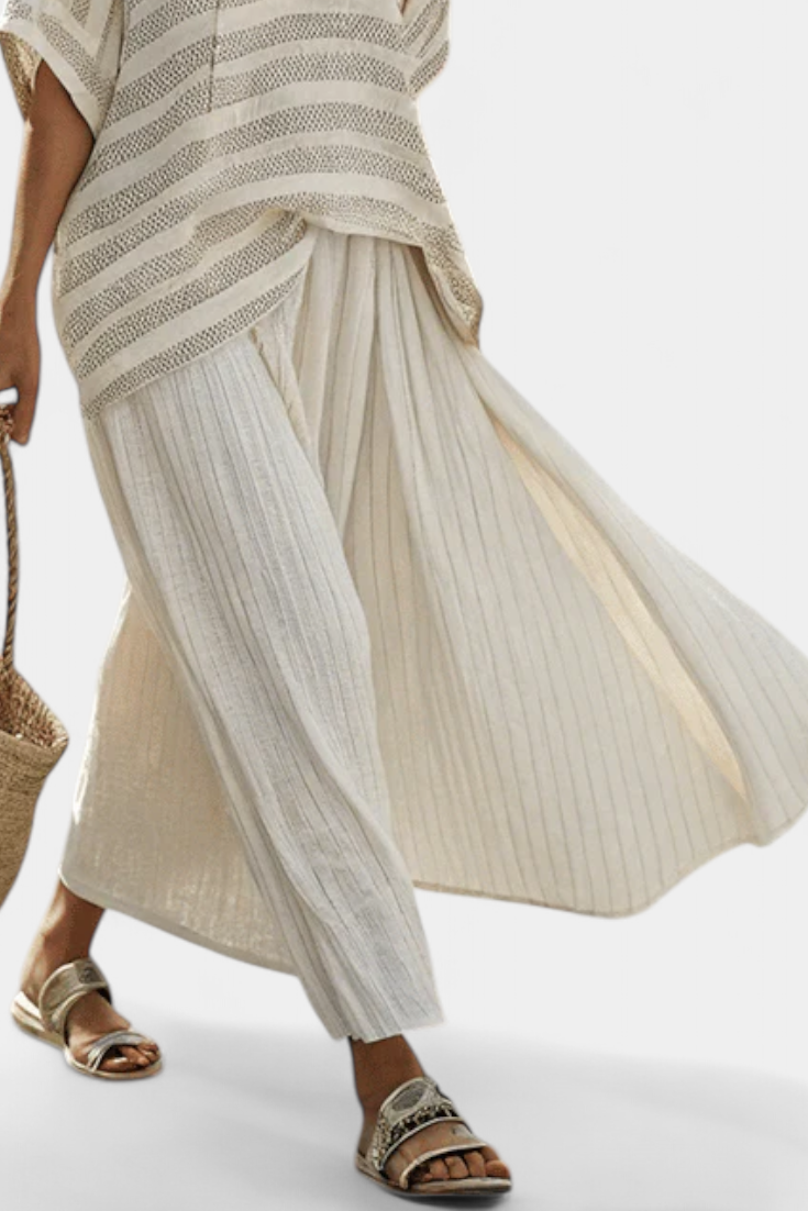 Striped Open Knit Batwing Top and Flowy Linen Maxi Skirt Set