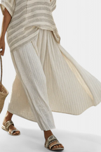 Striped Open Knit Batwing Top and Flowy Linen Maxi Skirt Set