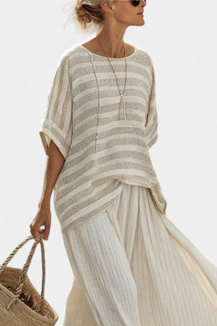 Striped Open Knit Batwing Top and Flowy Linen Maxi Skirt Set