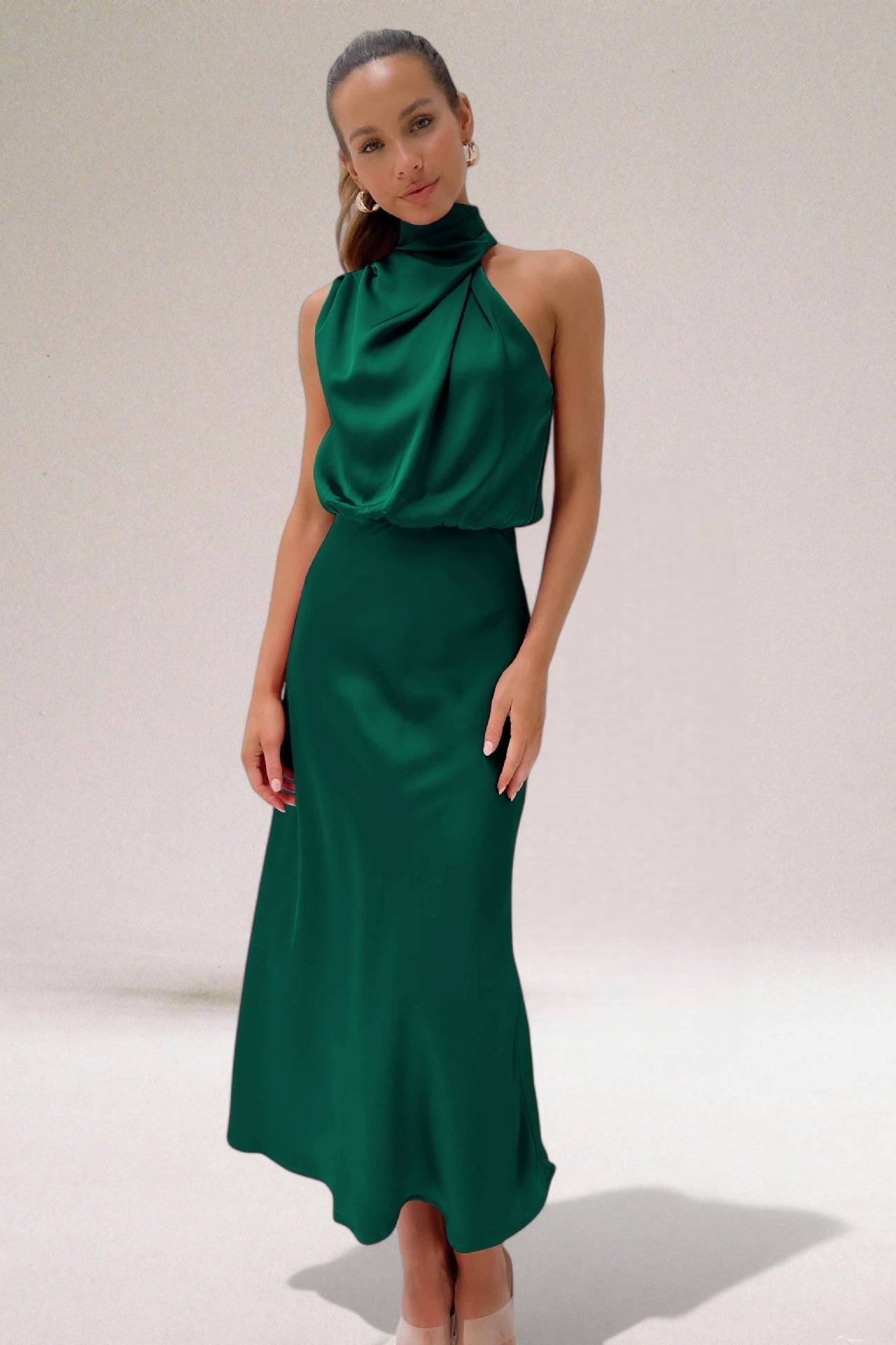 Satin Draped Halter Neck Bias Cut Maxi Dress - Wedding Guest
