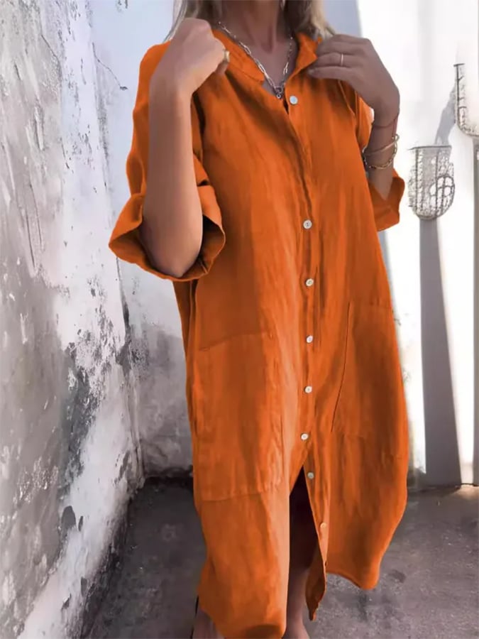 Linen Oversized Button Down Pocket Casual Shirt Dress