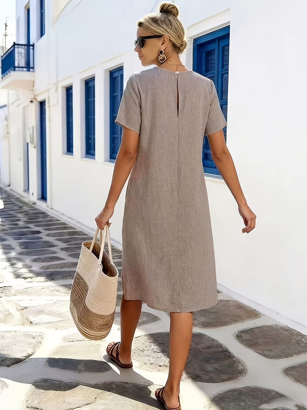 V Neck Pleat Detail Short Sleeve Relaxed Casual Linen Maxi Summer Dress