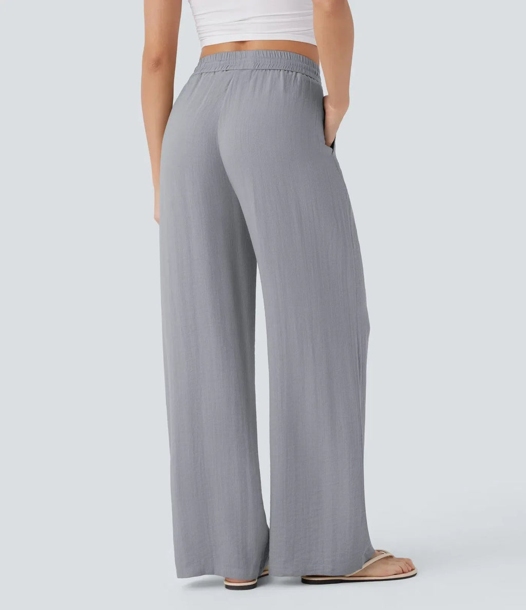 Smocked High Waist Drawstring Wide Leg Linen Pant