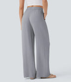 Smocked High Waist Drawstring Wide Leg Linen Pant